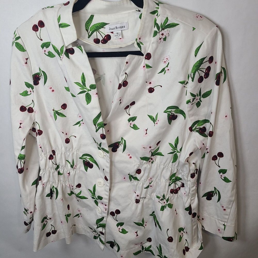 Joan Rivers Size 16 White Red Green Blazer With Cherry Designs Fun Art Colorful - Picture 3 of 7